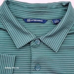 Cutter Buck Green Stripe Polo Shirt Golf Athletic Mens L/G Polyester Spandex